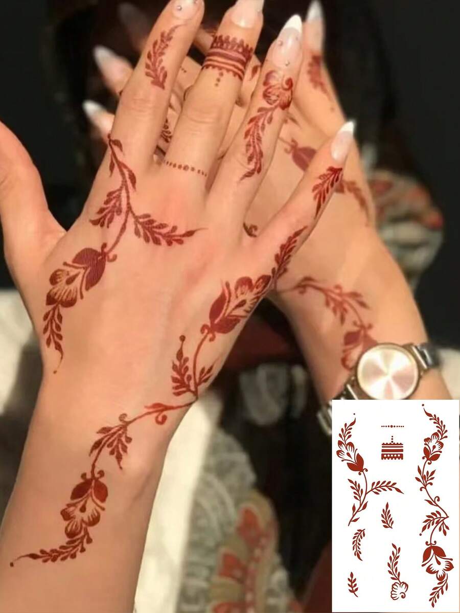 1pc Finger Tattoo Sticker, Floral Totem Design, Waterproof Temporary Tattoo Sticker, Fashionable For People, Suitable For Valentine's Day - Red - View 1