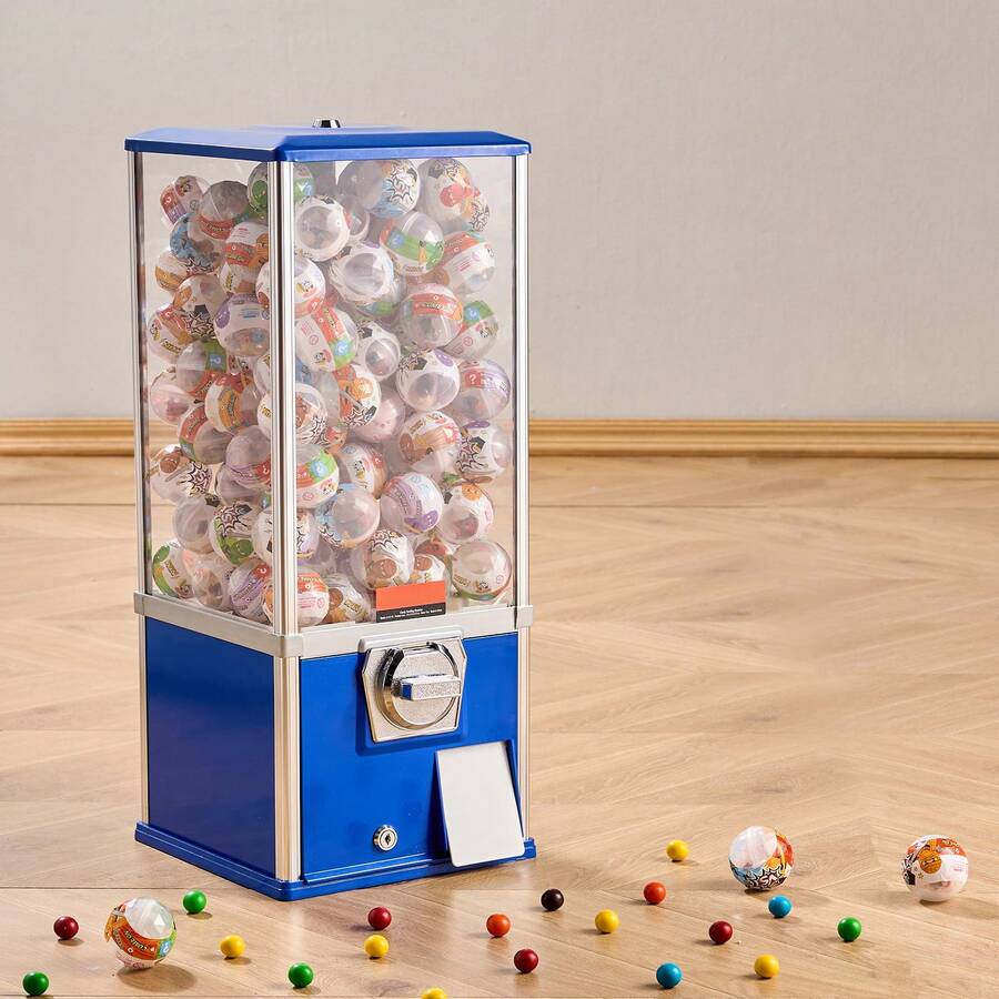 Gumball Machine, 25" Height Home Vending Machine, PS Bouncy Balls Dispenser, Hold 230 Capsule Toys, Rectangle Bubble Gum Machine For Game Stores, Coin Operated Gumball Bank, Blue - 藍色 - 查看 1