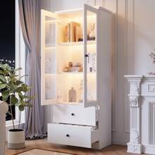 Moderne LED-Vitrine weiß matt 165 cm hoch mit USB-Anschluss, 16-Farben-Fernbedienung, Glasvitrine mit 2 Schubladen, Vertikalvitrine mit verstellbaren Fachböden, Vitrine mit Flügeltüren, MDF-Wohnzimmer - Weiss - Übersicht 6