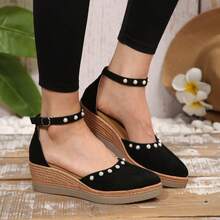 Women's Casual Pearl Pointed Toe Wedge Sandals, Breathable Fabric Upper, High Heel & Cushioned PU Sole, Comfortable Buckle Closure, Fashion Summer Shoes - Black - View 11