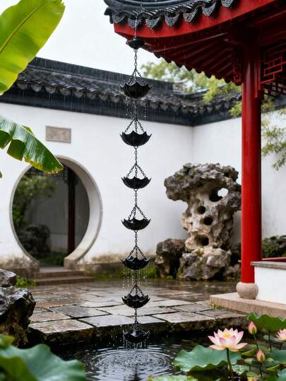 Outdoor Decorative Rain Chain, Petal Style Courtyard/Patio Drainage System, Home Decor Rain Chain With Elegant Design, Decorative Downspout Alternative For Garden And Patio