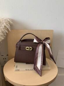 1个BEIKAMU纯色PU皮革女士手提包，优雅丝巾配饰，多功能女士单肩包，适合工作、购物、日常使用 - 咖啡 - 查看 4