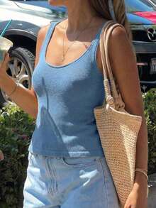 女士夏季蓝色度假沙滩吊带背心，低领口 - 藍色 - 查看 4