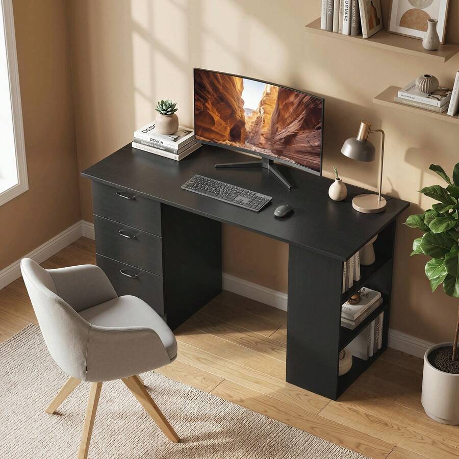 HOMCOM Computer Desk, Writing Table, PC Workstation With 3 Storage Shelves And Drawers, Silver Handle, For Home Office, White - Negro - Ver 1