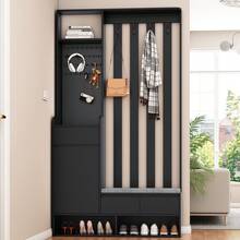Hallway Cabinet, Shoe Cabinet With Cushion Storage, Multifunctional With Power Outlet, With 4 Hooks, Black, White, H180 / W100 / D35 Cm - Black - View 1