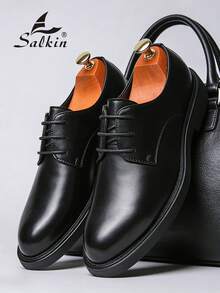 Salkin 男士时尚优雅商务牛津皮鞋，圆头系带正装鞋，男士纯色防滑耐用鞋底，适合派对、婚礼、社交场合、春秋季节，尺码偏大，建议选择小一码 - 黑色 - 查看 7