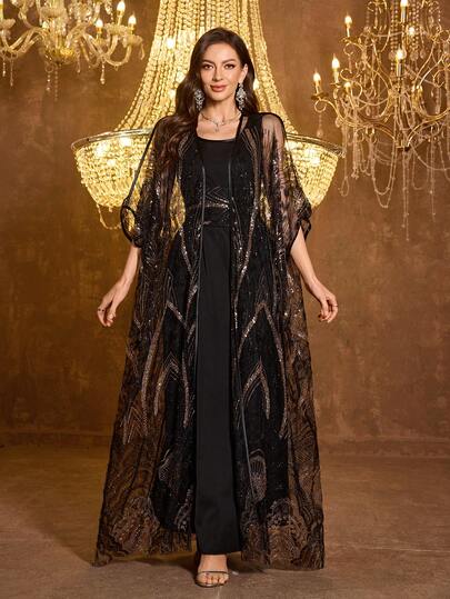 Plus Size Women's Sequin Patchwork Loose Arabian Style Dress