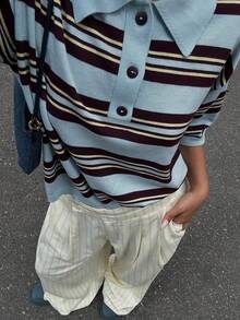 SEREN 夏季新款宽松休闲复古短袖 Polo 衫，女士针织条纹衬衫，夏季度假装 - 彩色 - 查看 3