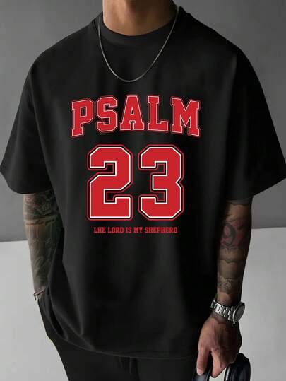 Camiseta deportiva casual nueva para hombres - Ligera y cómoda, con estampado gráfico del Salmo 23, adecuada para salidas, amigos, viajes al aire libre, ropa deportiva, uso diario casual, entrenamiento en el gimnasio, ropa deportiva para hombres, camiseta deportiva ligera, cómoda camiseta deportiva para senderismo, pesca, de manga corta y versátil