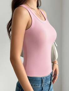 2pcs Women's Basic Casual Comfortable Minimalist Padded Round Neck Camisole, Fitted Ribbed Solid Color Sleeveless Top - Multicolor - View 4