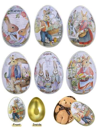 6pcs Painted Egg Shaped Tin Box, Size 4.3" X 2.5", Suitable For Easter Gifts, Easter Egg Hunt Props And Easter Decorations