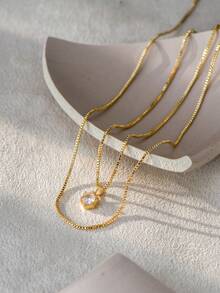 2pcs Copper Necklace With Micro-Inlaid Cubic Zirconia, Layered Pendant Necklace, Suitable For Beach And Vacation Accessories - Yellow Gold - View 5