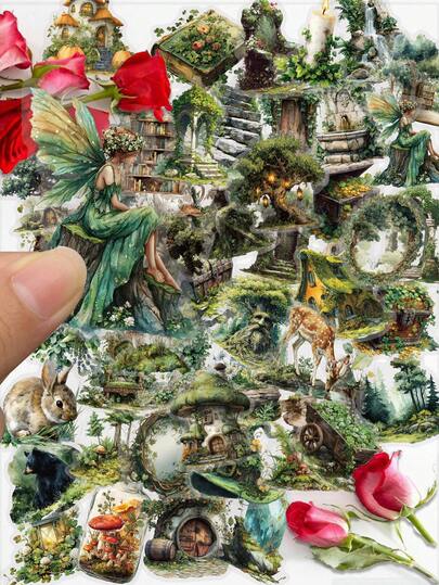 50张复古森林自然户外植物透明剪贴簿贴纸，美观相册拼贴卡片装饰贴纸，水瓶日记计划本手机艺术贴纸，成人学校奖励DIY手工贴纸