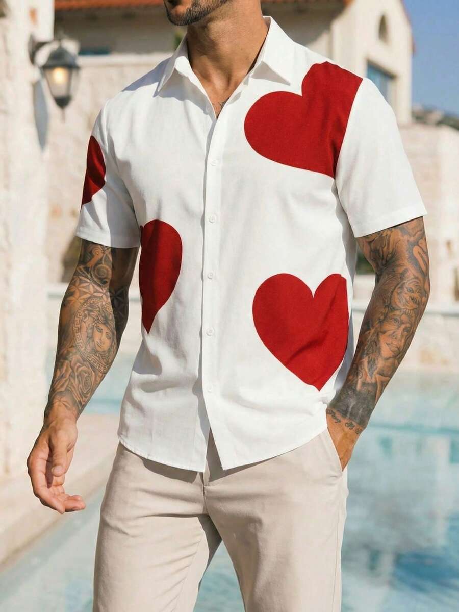 男士浪漫爱心印花衬衫，简约白色短袖上衣，街头风休闲度假派对穿搭，提升多巴胺！ - 彩色 - 查看 1
