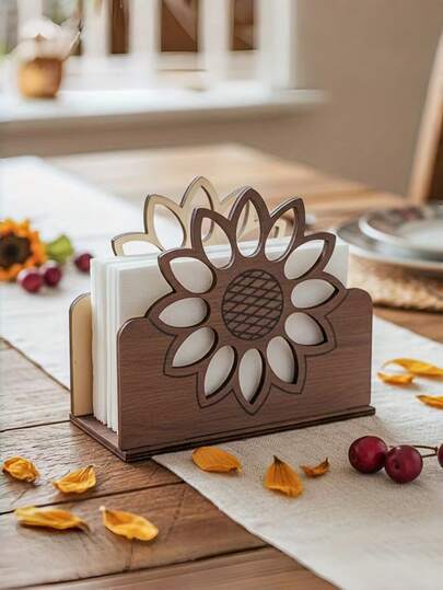 1个时尚向日葵餐巾纸收纳盒 - 木纹桌面纸巾盒，可装饰厨房台面或餐桌，用于家用餐巾纸收纳（适用于餐巾纸、纸张、菜单卡）