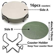 16个杯垫+1个杯垫架 - 玻璃杯垫和饮料杯垫，双面设计，防滑，仿皮材质，皮革质感，采用优质仿皮和PU皮革制成，适用于桌面保护 - 彩色 - 查看 2