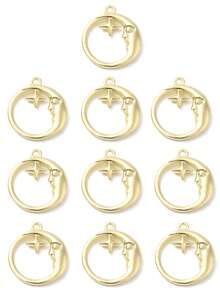 10pcs Alloy Pendants, Flat Round With Moon/Star/Moon, Golden/Light Gold - Gold - View 10
