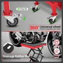 Gato hidráulico de elevación para Motocicleta, Capacidad de 350 Libras, Altura de elevación de 13.6-34.3 Pulgadas, Mesa de elevación de Tijera con Cubierta Ancha y Ruedas de Bloqueo para Motocicleta - Rojo - Ver 4