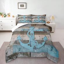 Castle Fairy 3pcs Anchor Nautical  Comforter Set Queen/King Size Fish Hook Lake House Fishing Theme Bedding Set Suitable For Women  Adults Room Decor Wooden Plank Camper  Comforter Blue Rustic Bedding Set 2 Pillowcases - 灰色天藍色 - 查看 2