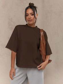 Valentine Outfits For WomenMISSGUIDED Oversized T Shirt Mock Neck Wide Half Sleeve Boxy Fit Casual Office Weekend Fall Winter Fashion Minimalist Vers - 棕色 - 查看 12