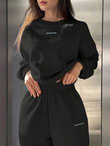 2pcs Women's Casual Letter Print Sweatshirt And Sweatpants Set,2pcs/Set Women Letter Print Round Neck Long Sleeve Hoodie And Casual Pants Set, For Autumn,Women's  Crew Neck Long Sleeve Sweatshirt And Pants Casual Suit, Autumn/Spring, - 黑色 - 查看 2