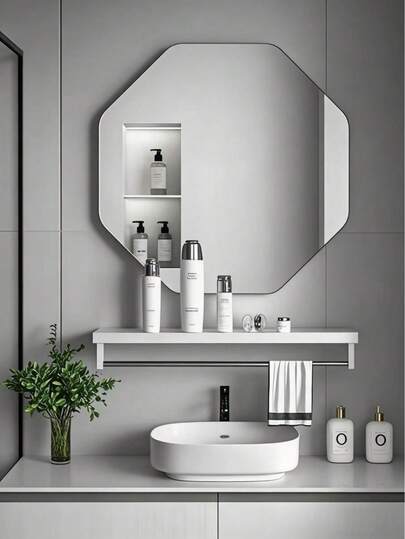 1片八角形亚克力镜，壁挂式家用/浴室柔光镜，不对称云朵形镜，无需钻孔，梳妆台镜