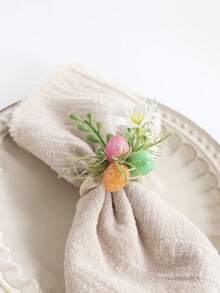 4/6Pcs Easter Napkin Rings With Fake Eggs And Artificial Flower, Pastoral Style Festival Home Decoration, Table Decoration For Dinner , Party - Multicolor - View 3