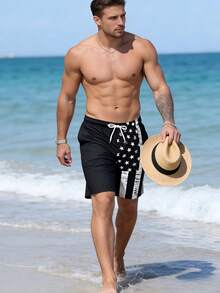 Men's Quick-Dry Flag Print Elastic Waist Drawstring Casual Shorts, Suitable For Summer Vacation, Beach, Pool, Outdoor Sports, Daily Wear, 4th Of July, Recommend Sizing Up For Loose Fit - Black and White - View 7