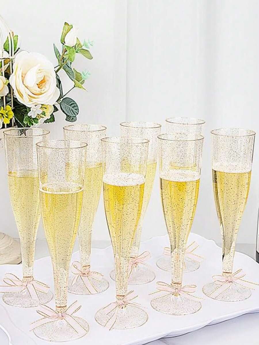 5.5盎司可重复使用塑料金色闪光香槟杯，婚礼杯，派对杯，饮料杯（香槟杯，葡萄酒杯，塑料杯，生日杯） - 查看 1