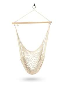 Hamaca Colgante de Algodón con Soporte de Madera, Capacidad 150 kg, Ideal para Interior y Exterior (Incluye Accesorios de Fijación). Bluelander - Beis - Ver 1