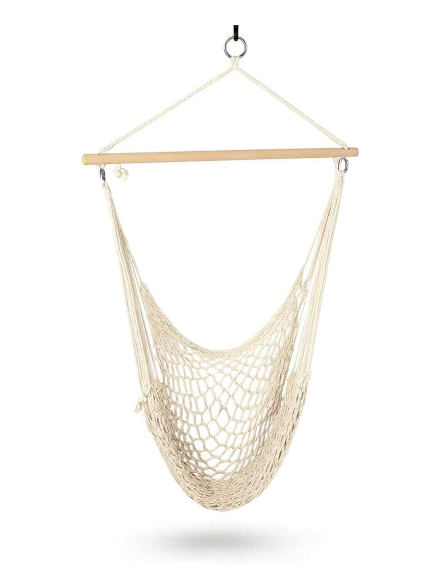 Hamaca Colgante de Algodón con Soporte de Madera, Capacidad 150 kg, Ideal para Interior y Exterior (Incluye Accesorios de Fijación). Bluelander - Beis - Ver 1