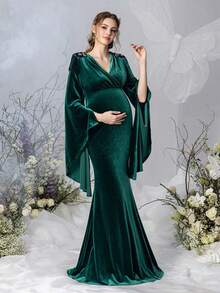 Elegant Maternity Overlay Neckline Long Sleeve Bell Sleeve Maxi Party Gown | Velvet Fabric, Bell Sleeve With Flowing Cuffs, Shoulder Fringe Appliques - Dark Green - View 4