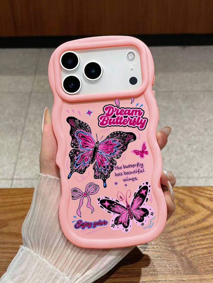 1pc "Dream Butterfly" Pink Bow Wave Edge Soft Silicone Protective Phone Case, Anti-Fall Anti-Scratch, Y2K Sweet Girl Style, Compatible With IPhone & Galaxy - Pink - View 1