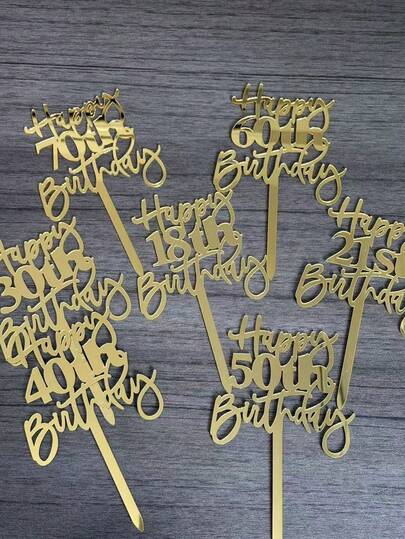 1pc/3pcs Gold "Happy Birthday" Cake Topper, Suitable For 18th/21st/30th/40th/50th/60th/70th Birthday Party Cake Decoration