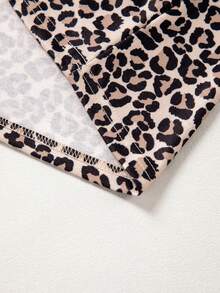 Acelitt 女士休闲棕色豹纹拼接金属半拉链条纹缎带贴片短袖上衣 - 彩色 - 查看 11