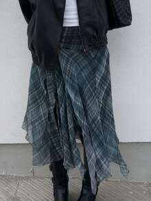 Chân váy midi bất đối xứng kẻ caro xanh dương dành cho nữ, cạp cao, kiểu dáng chữ A xòe nhẹ, thích hợp cho các buổi tiệc thường ngày mùa xuân. - Màu xanh bụi bặm - Xem 2