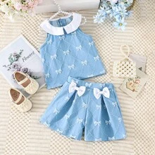 Girls' Light Blue Bow Outfit - Sleeveless Blouse With Collar + Bow Shorts, Cute Sweet 2 Pieces Set - Mint Blue - View 1