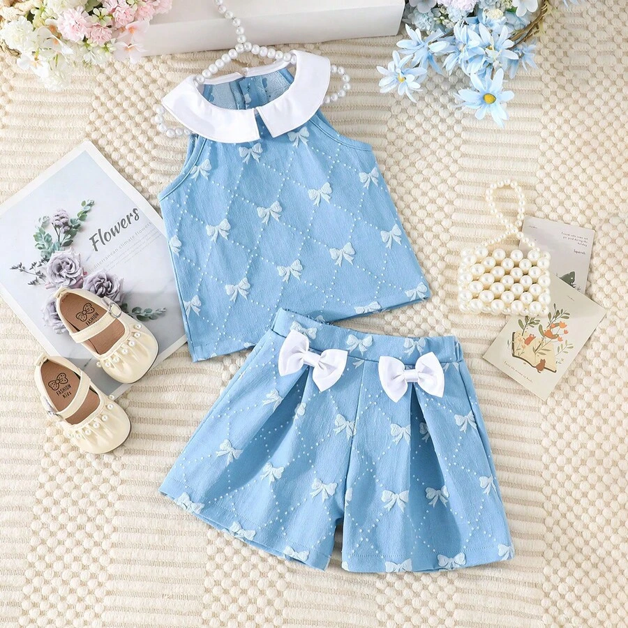 Girls' Light Blue Bow Outfit - Sleeveless Blouse With Collar + Bow Shorts, Cute Sweet 2 Pieces Set - Mint Blue - View 1