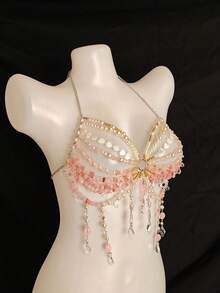 Unisex Sexy Body Chain, Pearl Necklace Lingerie, Transparent Decorative Bra For Women, Suitable For Beach, Party, Holiday, Music Festival - 粉色 - 查看 6