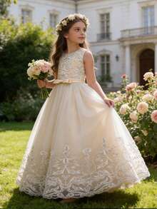 Đầm dài ren màu sâm panh thanh lịch cho bé gái, đầm phù dâu cho đám cưới, tiệc sinh nhật, lễ hội, dạ hội tốt nghiệp, mùa hè, lễ Phục sinh. - Rượu sâm banh - Xem 4