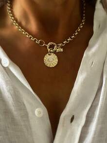 1pc Women's Gold Necklace With Donut Clasp, Featuring Zodiac Sign & Evil Eye Pendants, Minimalist & Fashionable For Everyday Wear And Parties - Gold - View 5