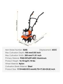Tiller Cultivator, 43CC 2-Stroke Garden Cultivator, Tiller With 4 Steel Adjustable Front Tines For Lawn, Garden And Field Cultivation,Garden Tools, Gardening Tools For Garden - Orange - View 7
