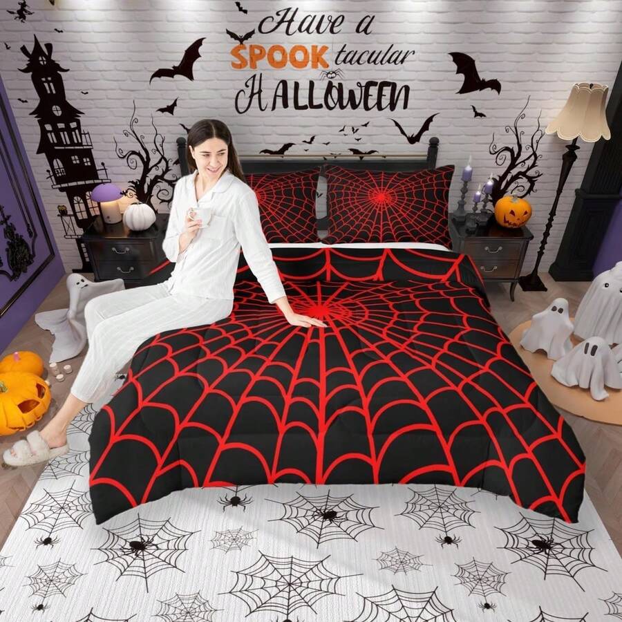 Castle Fairy 3pcs Happy Halloween  Comforter Set Queen/King Size Spider Web Animals Insect Rustic Bedding Set Suitable For Women Men Room Decor Spider Web Farmhouse  Comforter Red Black Bedding Set 2 Pillowcases - 紅色黑色 - 查看 1