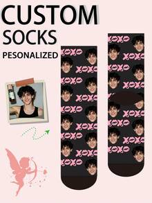 1 Pair Customized Boat Socks With Bow Tie Pattern, Personalized Face Design, Couples Socks, Custom Photo Socks, Custom Printed Socks, Personalized Funny Face Pattern Socks, Custom Image Socks, Any Design Can Be Printed On Socks, Anniversary Gift, Valentine's Day Gift, Birthday Gift - Black - View 1