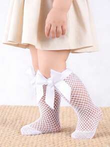 2 Pairs Baby Girls' Cute Bow Fishnet Socks, Elastic Breathable Mesh Mid-Calf Socks, Suitable For Summer - Black and White - View 4