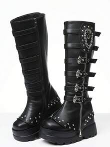 Y2k Goth Boots Wedge Heel Knee High Metallic Buckle Chain Zip Punk Combat Booties Fashion Party Cosplay Shoes Women - màu đen - Xem 2