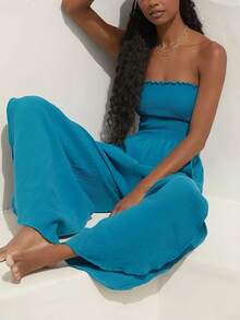 Strapless Wide-Leg Jumpsuit: Boho V-Neck Romper With Side Pockets In Vibrant Turquoise For Beach Vacations, Summer Resorts And Resort Wear For Women. - 混合色 - 查看 1