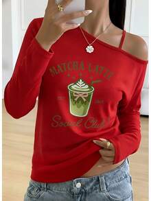 Women's Off-The-Shoulder Long-Sleeve Top With Matcha Latte Graphic Design, Black Casual Shirt With Green Text & Whipped Cream Bow - Perfect For Daily Wear & Selfies, Paired With Denim Jeans & Gold Jewelry - Red - View 1