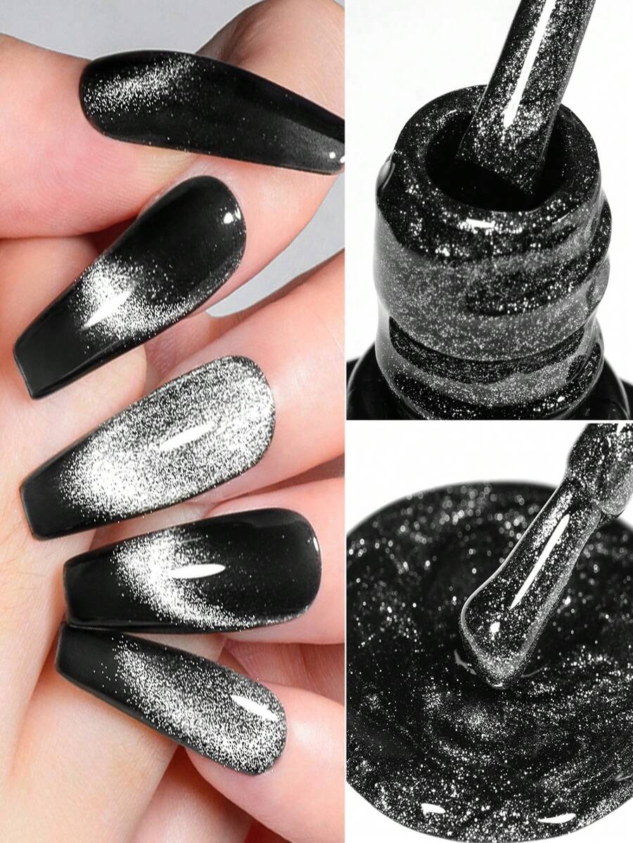 FOUR LILY 7ml黑色水晶磁性凝胶指甲油，7ml持久可卸美甲凝胶，DIY LED UV凝胶指甲油礼品 - 黑色 - 查看 1