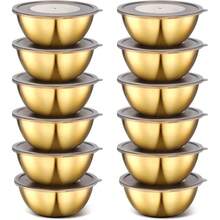 Juego de 12 Cuencos de Mezcla Dorados Nuogo de 6.7 Pulgadas con Tapas Herméticas, Acero Inoxidable Dorado, para Servir Ensalada de Frutas, Sopas, Accesorios de Cocina para Almuerzo - Dorado - Ver 8